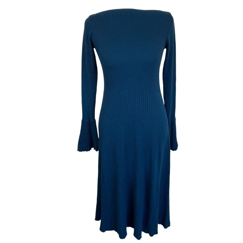 Oasis UK Ribbed Knit Flutter Sleeve Midi Dress A-line Teal Feminine Twee Fairy